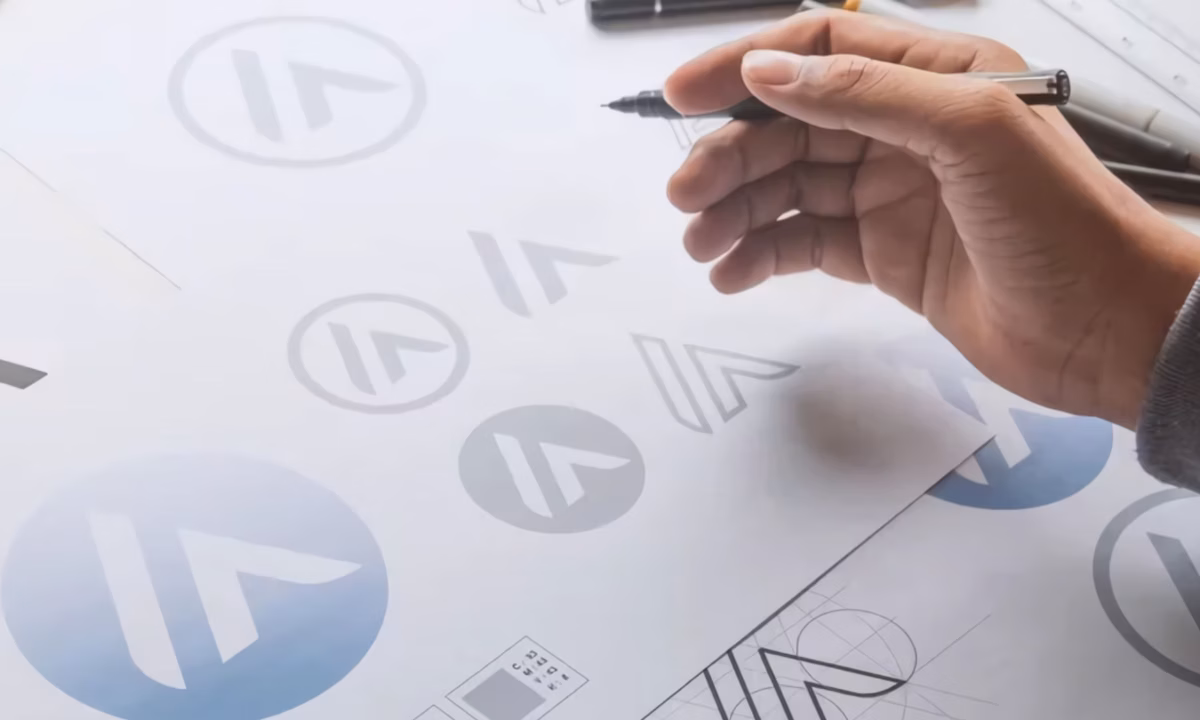 A designer's hand at work on multiple sketches of a real estate client logo for visual brand identity purposes.