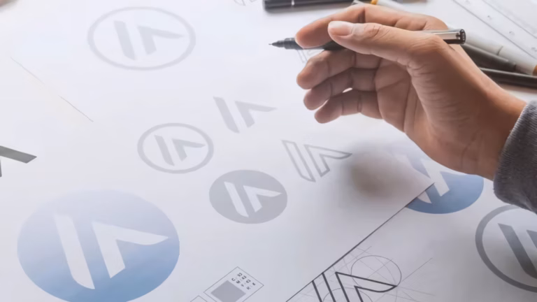 A designer's hand at work on multiple sketches of a real estate client logo for visual brand identity purposes.