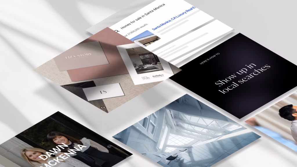 Four squares of content all displaying different real estate Instagram post ideas on a gray and white background