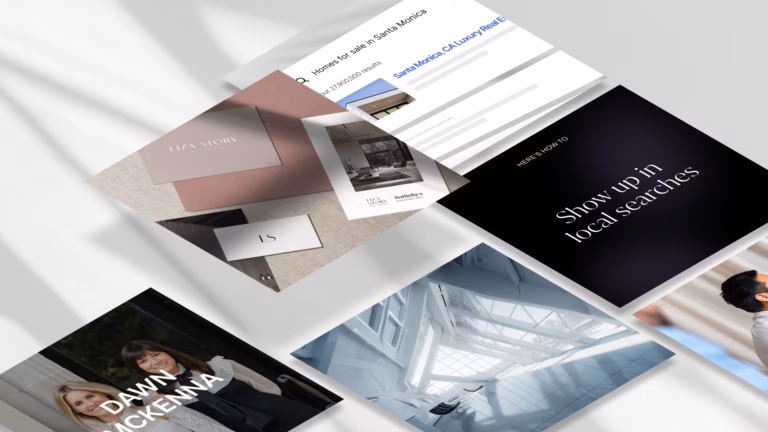 Four squares of content all displaying different real estate Instagram post ideas on a gray and white background