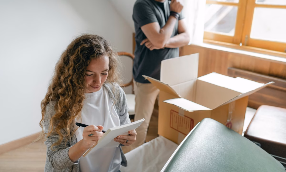 A homeowner packing up boxes consults a sellers guide for real estate created by her listing agent
