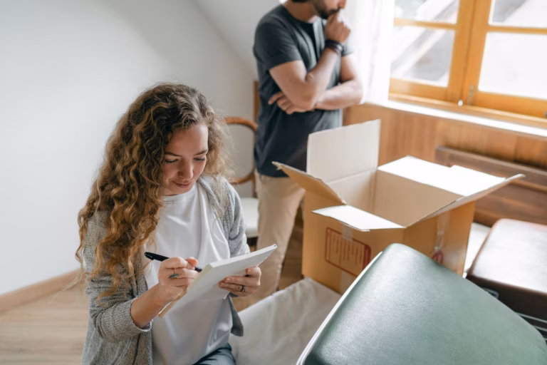 A homeowner packing up boxes consults a sellers guide for real estate created by her listing agent