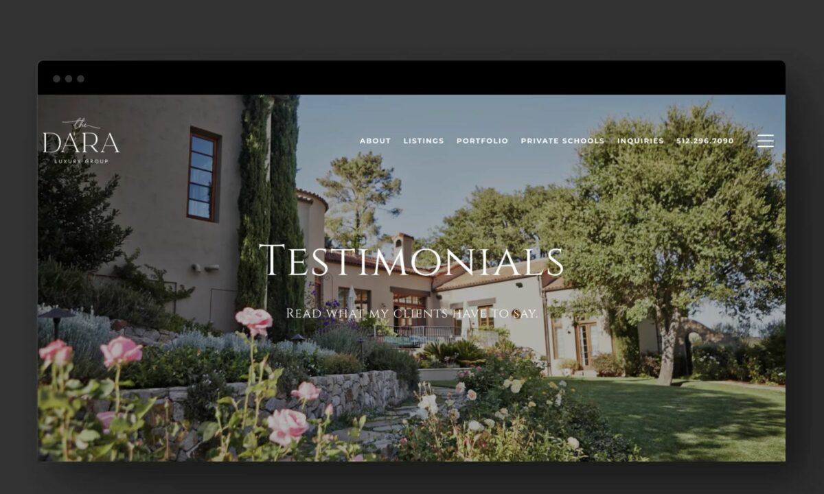 Real estate testimonial landing page screenshot designed by Luxury Presence.