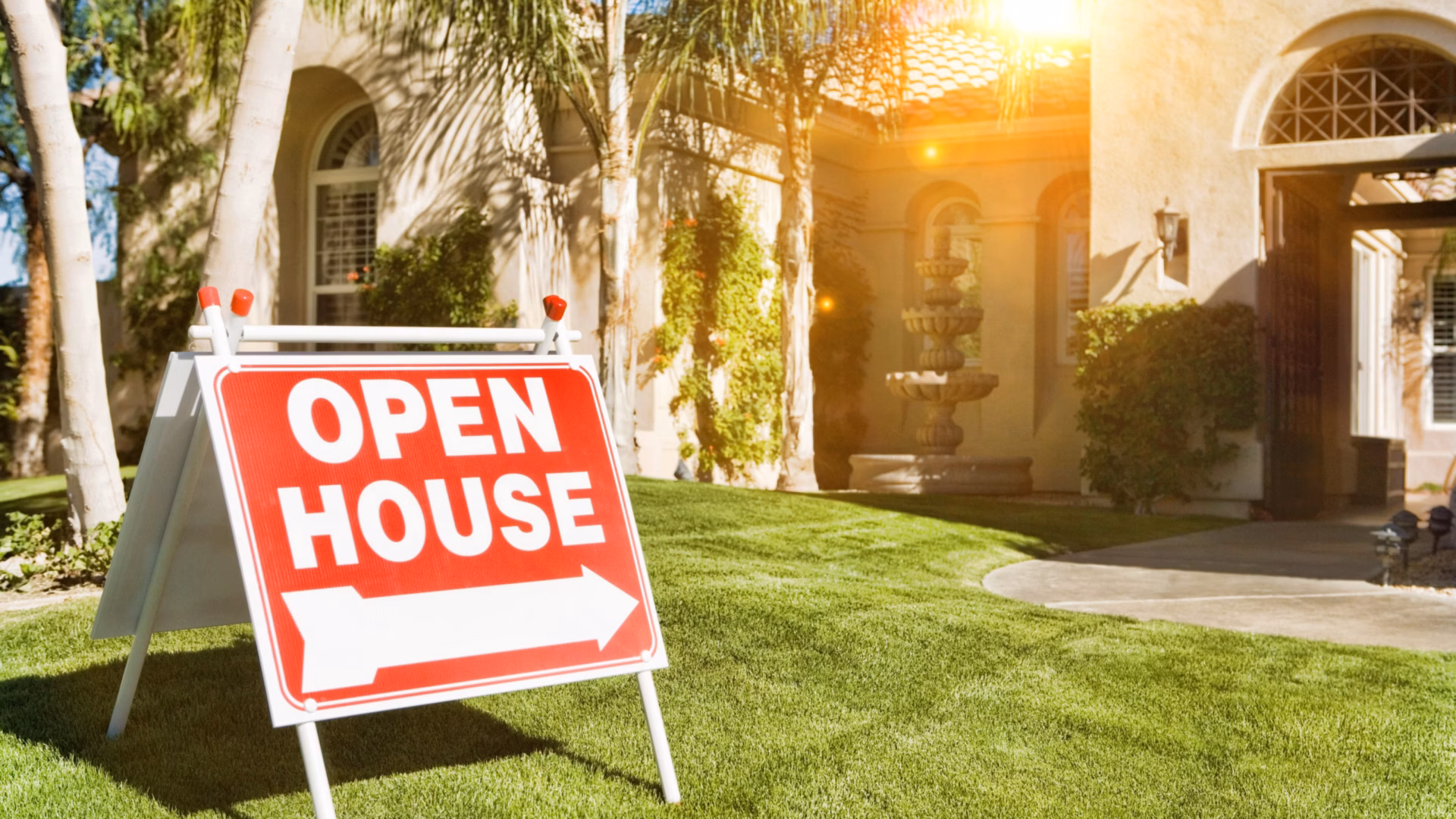 Eye-catching Open House sign outside stunning property as an example of one of nine real estate sign ideas