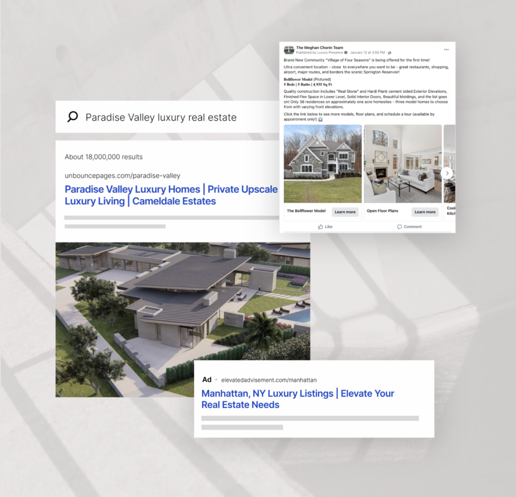 Graphic showing examples of real estate paid media tactics such as Google Ads and Facebook Ads