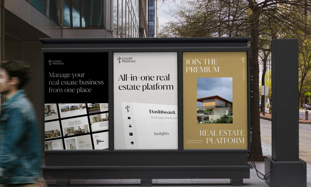 Luxury Presence billboard poster mockups used for rebranding purposes.