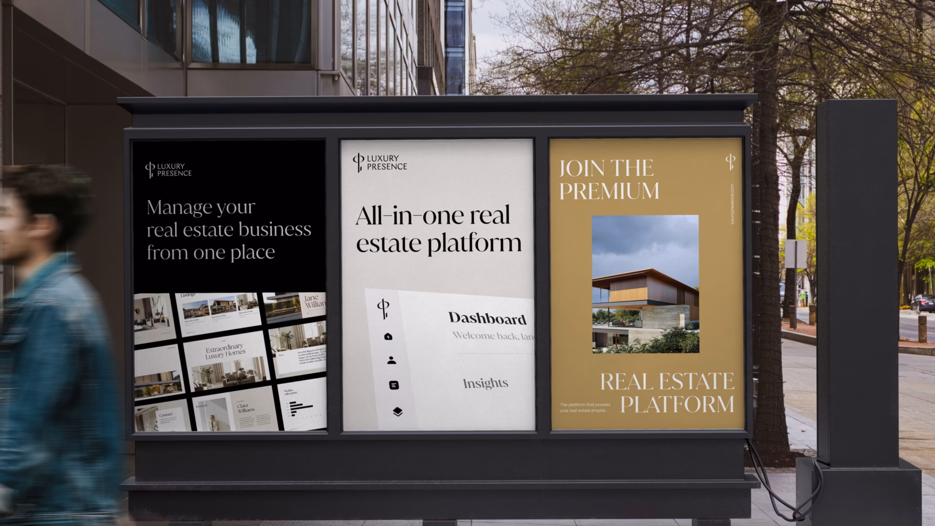 Luxury Presence billboard poster mockups used for rebranding purposes.