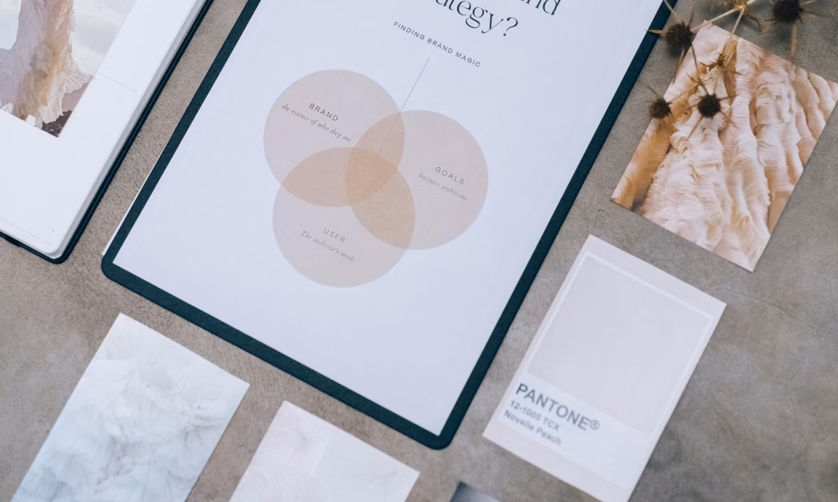 A real estate professional's marketing assets are laid out on a table around a document that reads, "what is brand strategy" showing how to conduct a brand audit