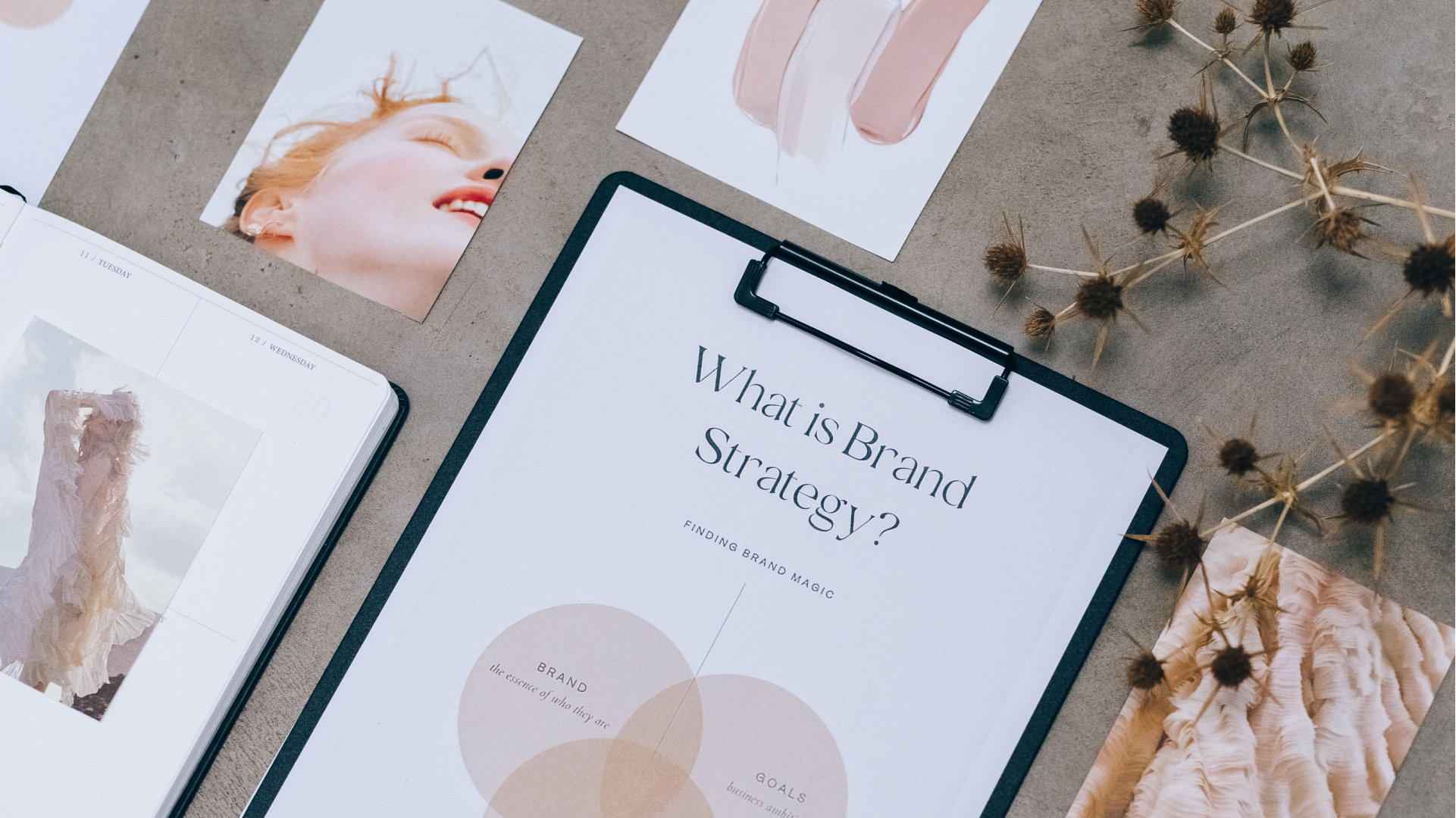 Image of a brand real estate marketing plan board that includes visual identity imagery and and brand strategy plan attached to a clipboard