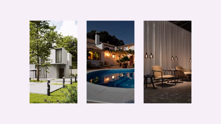 Three images on a lilac background representing three of the most popular real estate niches