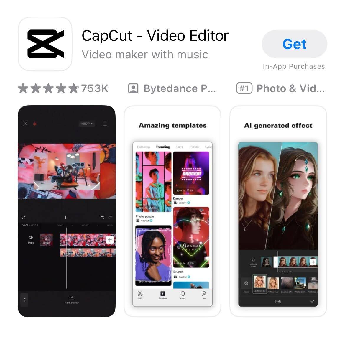 App store screenshot of CapCut, one of the best apps for real estate agents