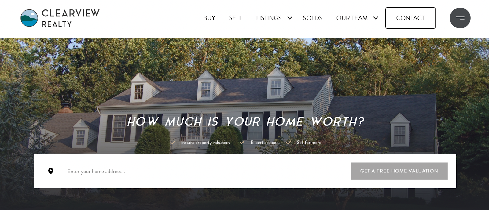 Screenshot of Clearview Realty's Real Estate landing page
