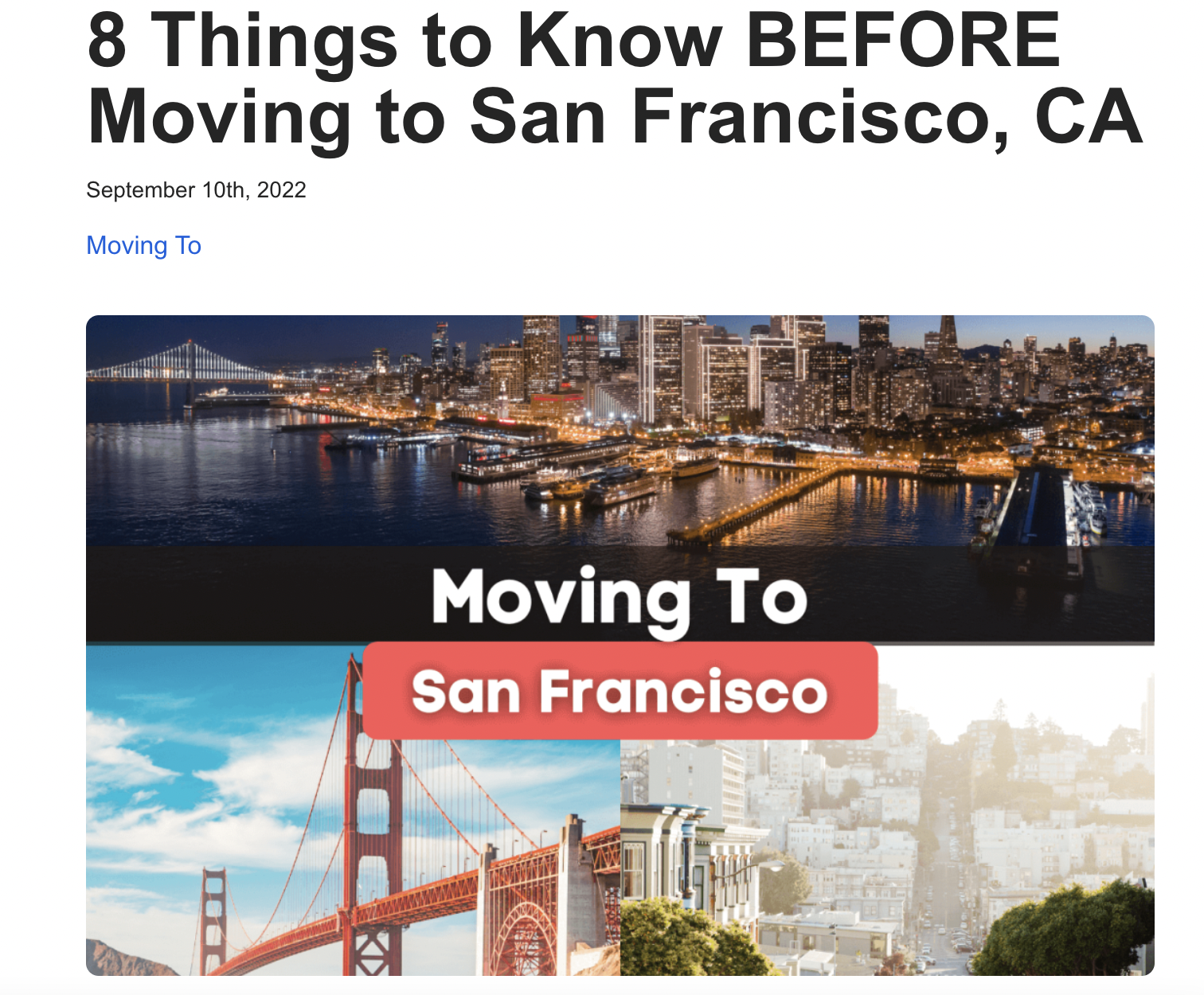 screenshot of headline example from an article about 8 things to know before moving to San Francisco, to show that headings are a google ranking factor