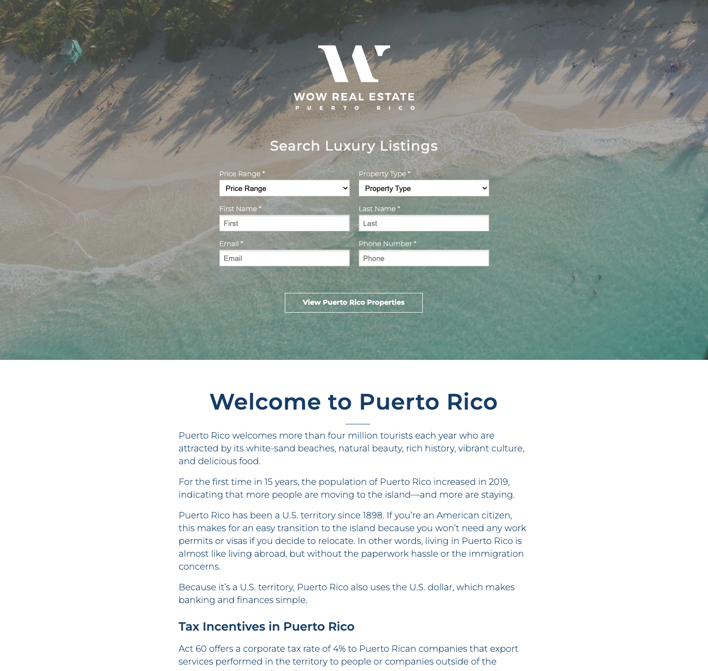 Screenshot of Wow Real Estate's landing page about Puerto Rico
