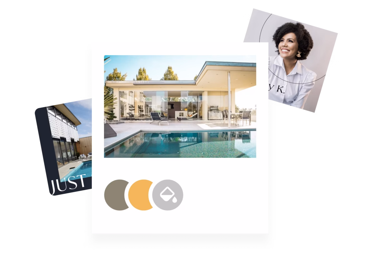 Three boxes illustrating different iterations of a real estate agent's personal branding via brand colors, font, website and headshot