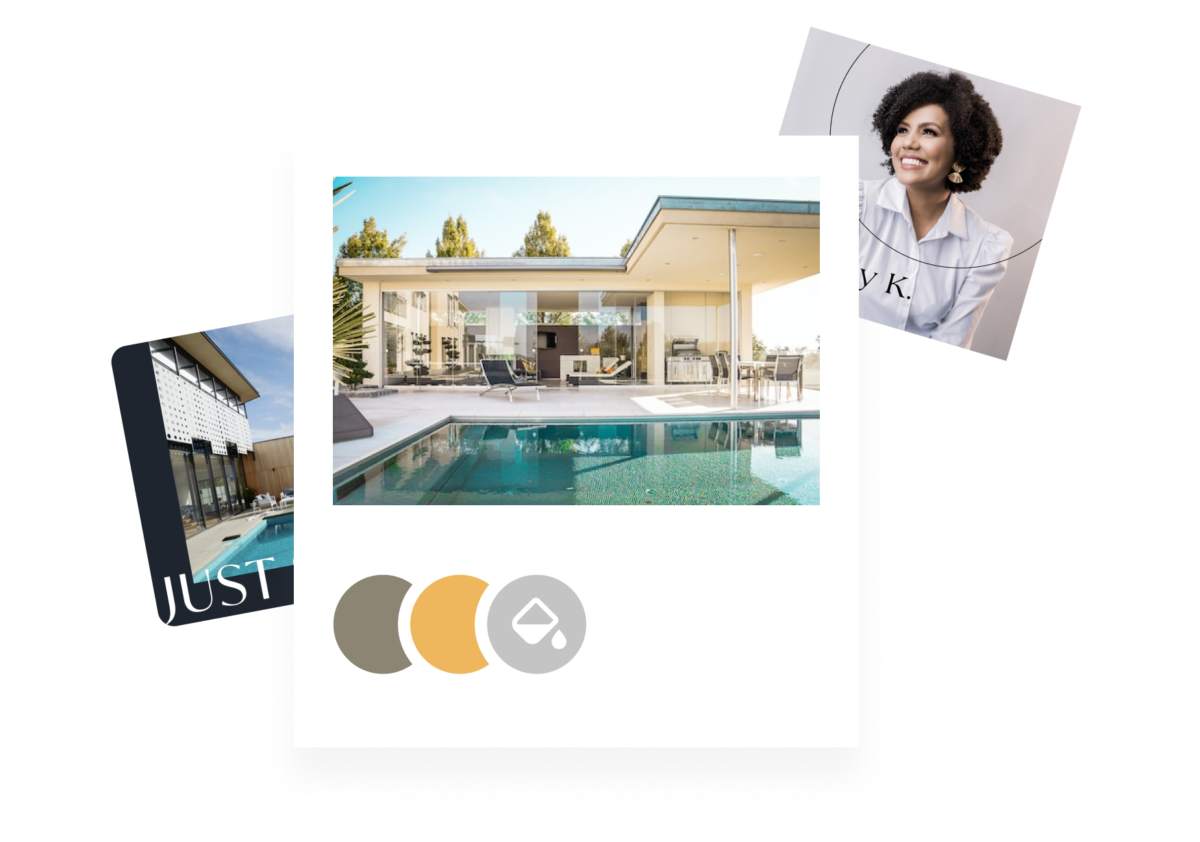 Three boxes illustrating different iterations of a real estate agent's personal branding via brand colors, font, website and headshot