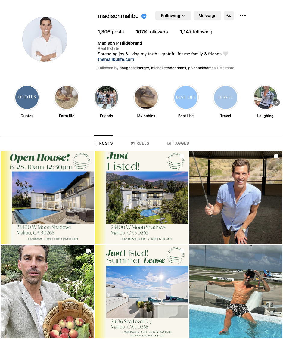 Madison Hildebrand's Instagram bio and the top of his feed