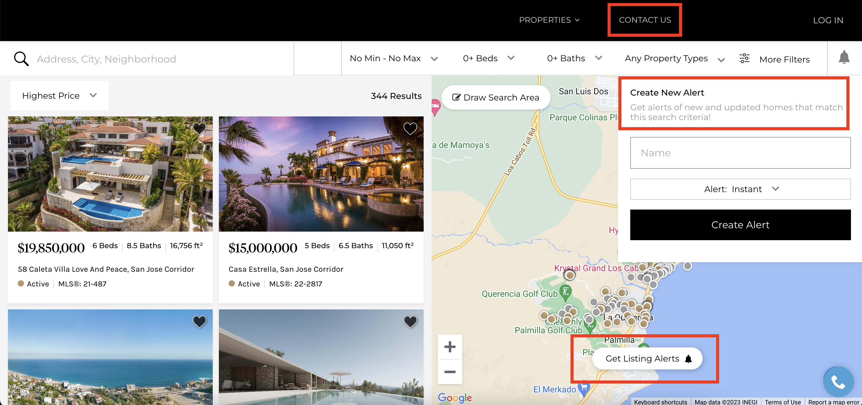 screenshot of MLS home search tool page