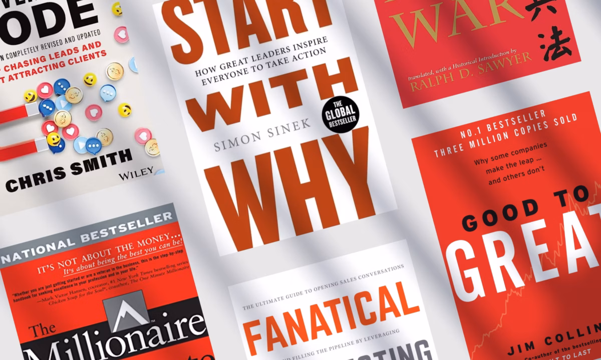 Covers for six of the best books for real estate agents arranged diagonally on a white background