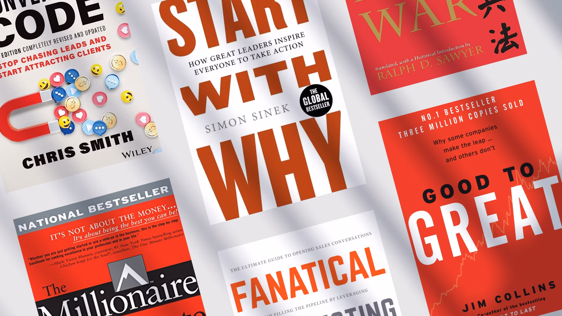 Covers for six of the best books for real estate agents arranged diagonally on a white background