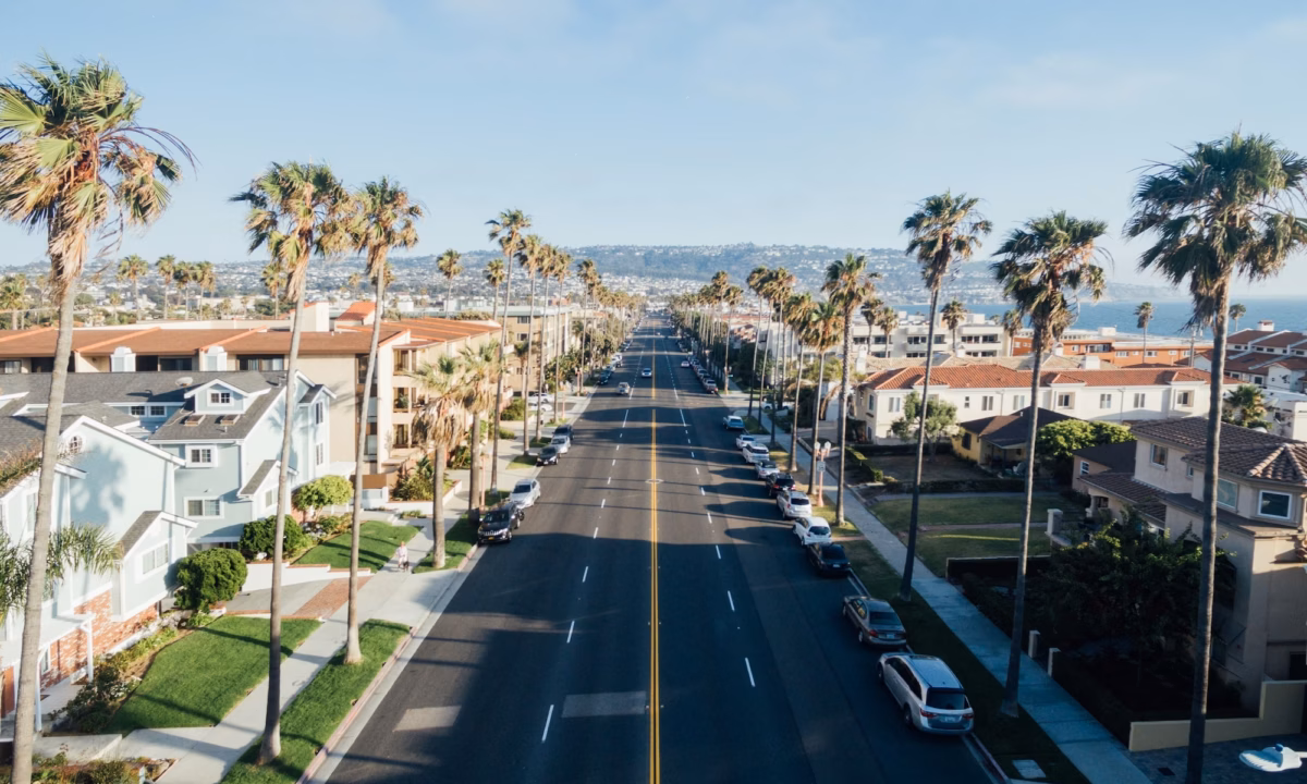 Aerial view of wide street in Rodondo Beach lined with palm trees as a metaphor for the road ahead in terms of how to become a real estate agent in california