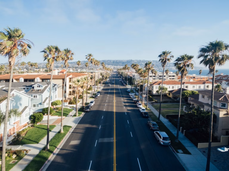 Aerial view of wide street in Rodondo Beach lined with palm trees as a metaphor for the road ahead in terms of how to become a real estate agent in california