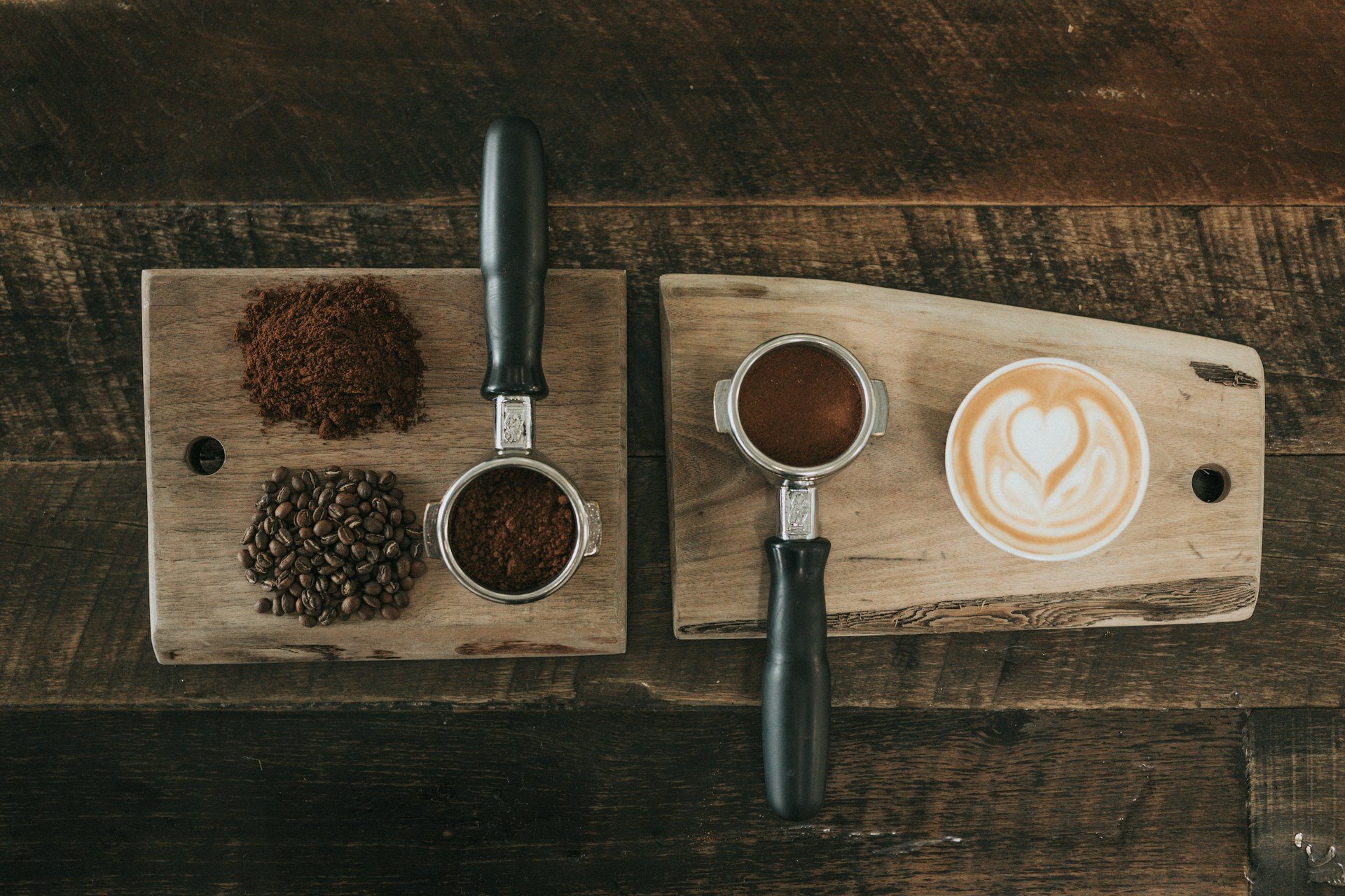 Ground espresso displayed on cutting boards