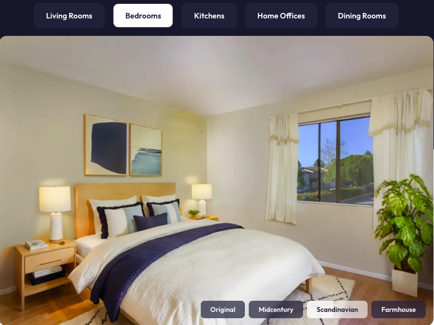 Screenshot of an AI-driven virtual staging app interface showing a staged bedroom, with navigation tabs for Living Rooms, Bedrooms, Kitchens, Home Offices, and Dining Rooms at the top, and style options including Original, Midcentury, Scandinavian, and Farmhouse displayed below the image.