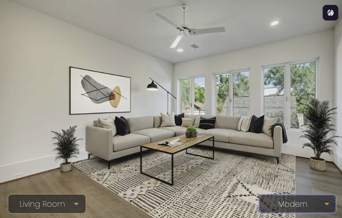 Screenshot of an AI-driven virtual staging app interface displaying a modern living room with a sectional sofa, coffee table, abstract wall art, and large windows, with interface controls showing the selected room type as Living Room and the style set to Modern.