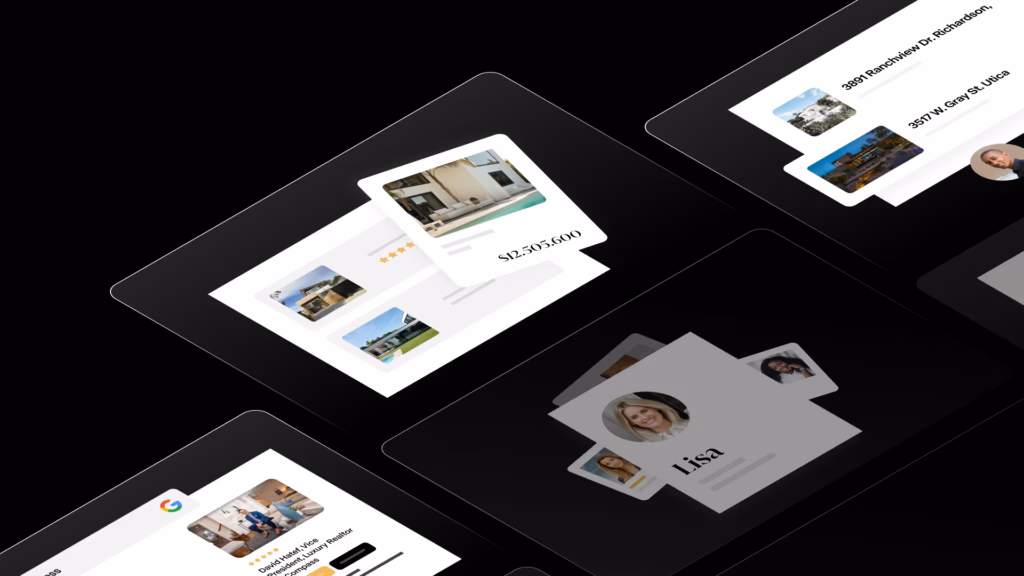 Four boxes on a black background showing how different real estate professionals leverage the four website builder price plans from Luxury Presence to create listings, show up in Google search and promote their businesses online