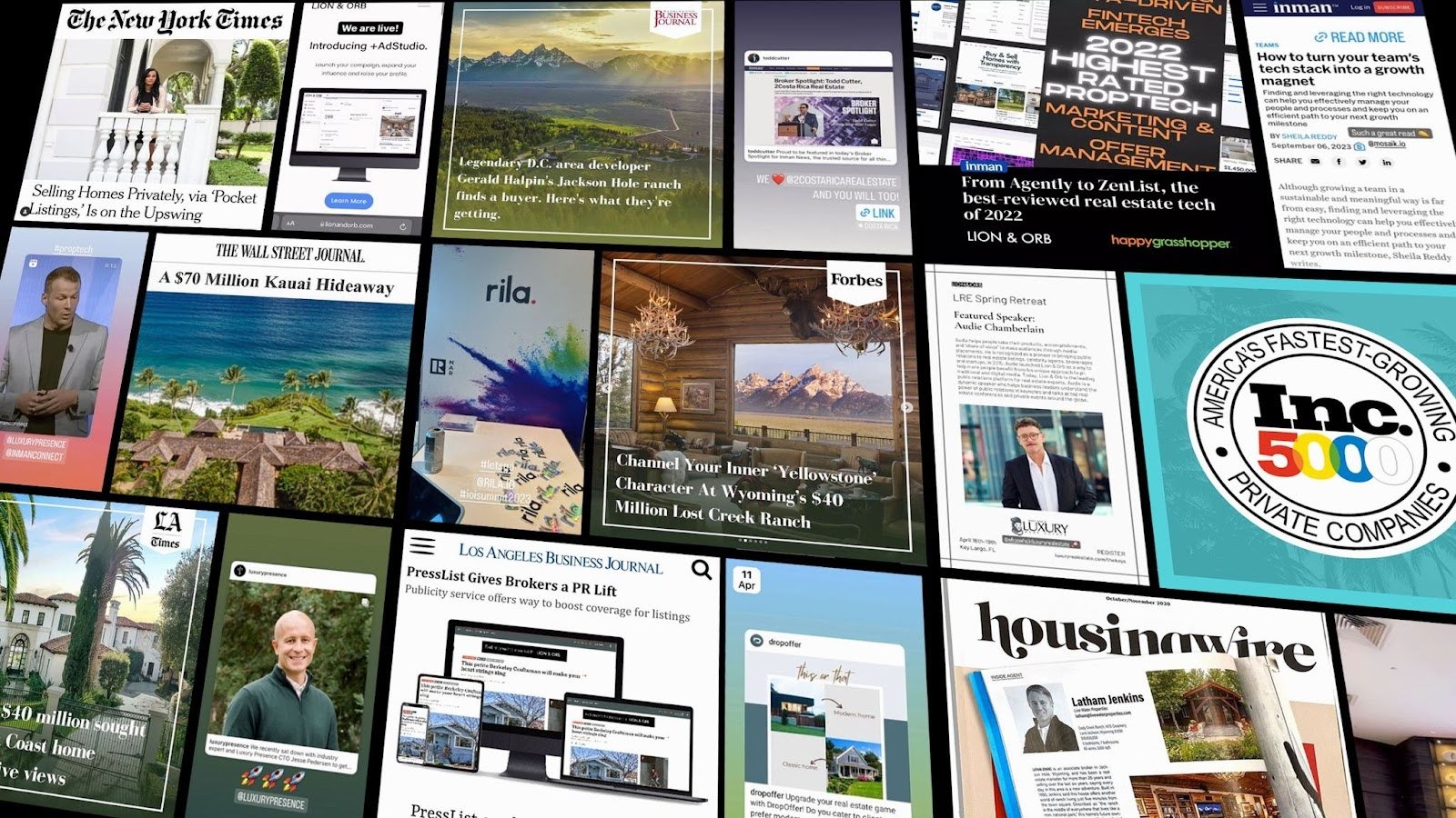Array of real estate stories featured in the media as part of a calculated PR campaign