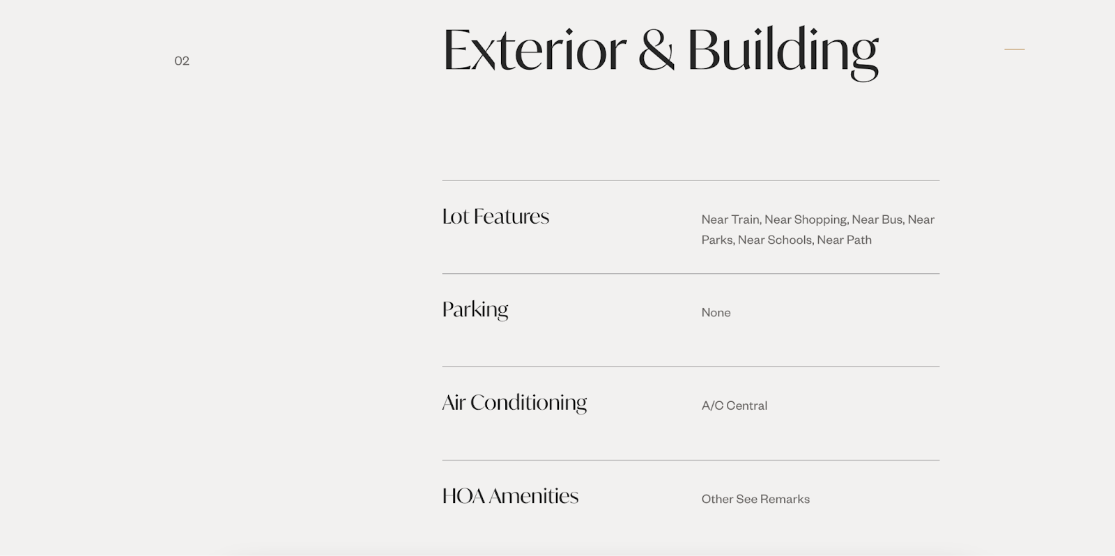 Screenshot of the building data and facts of single property site for an apartment on garden street