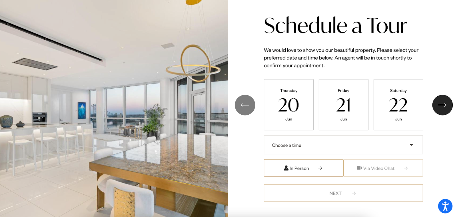 Screenshot of the schedule a tour page of single property site for a penthouse on Walnut St.