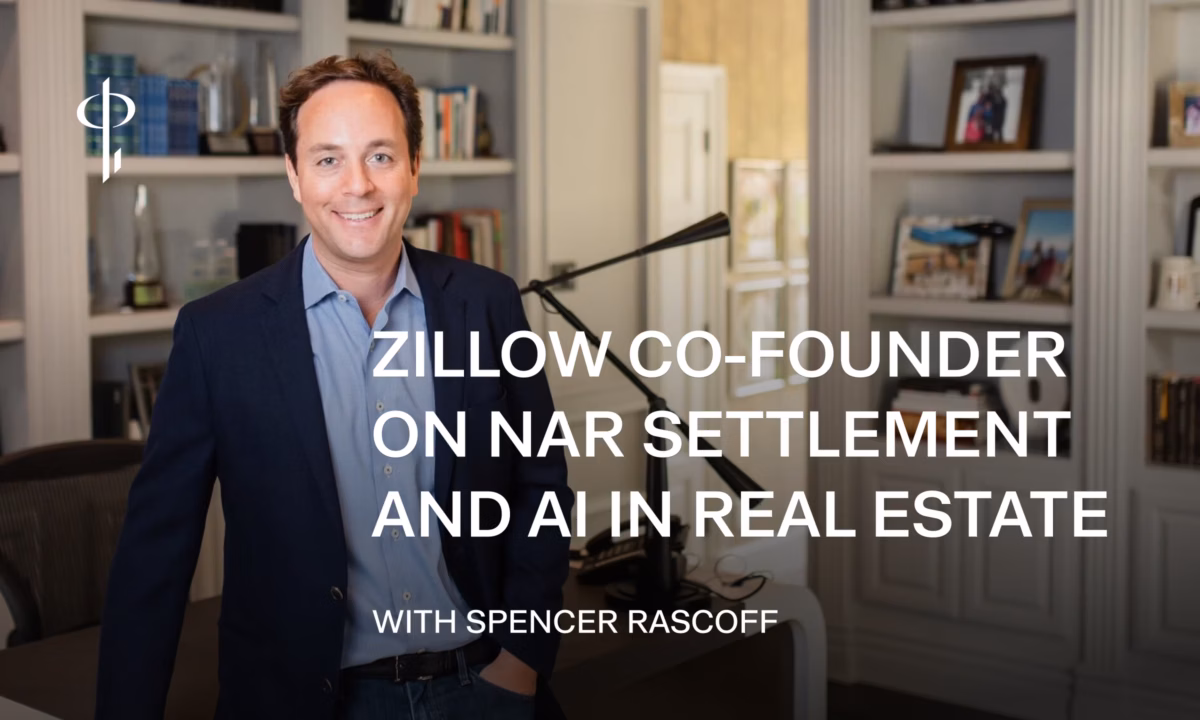 Spencer Rascoff stands in front of a mic and bookshelves with the words "Zillow cofounder on NAR settlement and AI in real estate" over the top of the image
