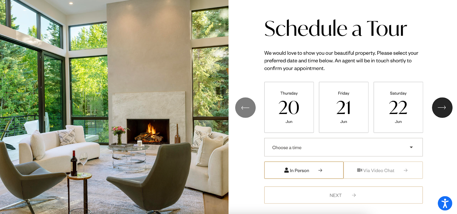 Screenshot of the home tour scheduling page of single property site for a home on Eagles Nest Circle in Colorado