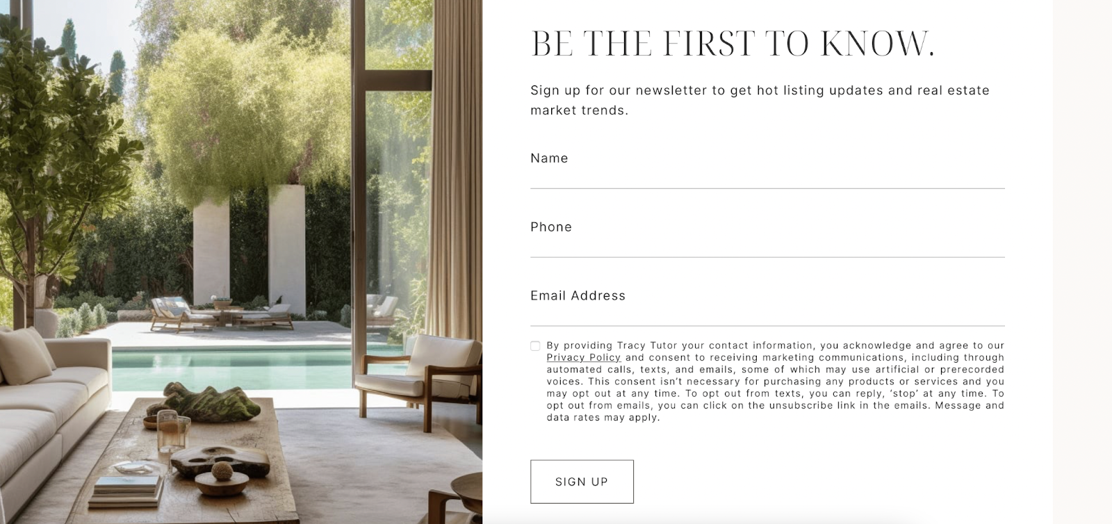 Screenshot of real estate agent Tracey Tutor's lead capture pop-up