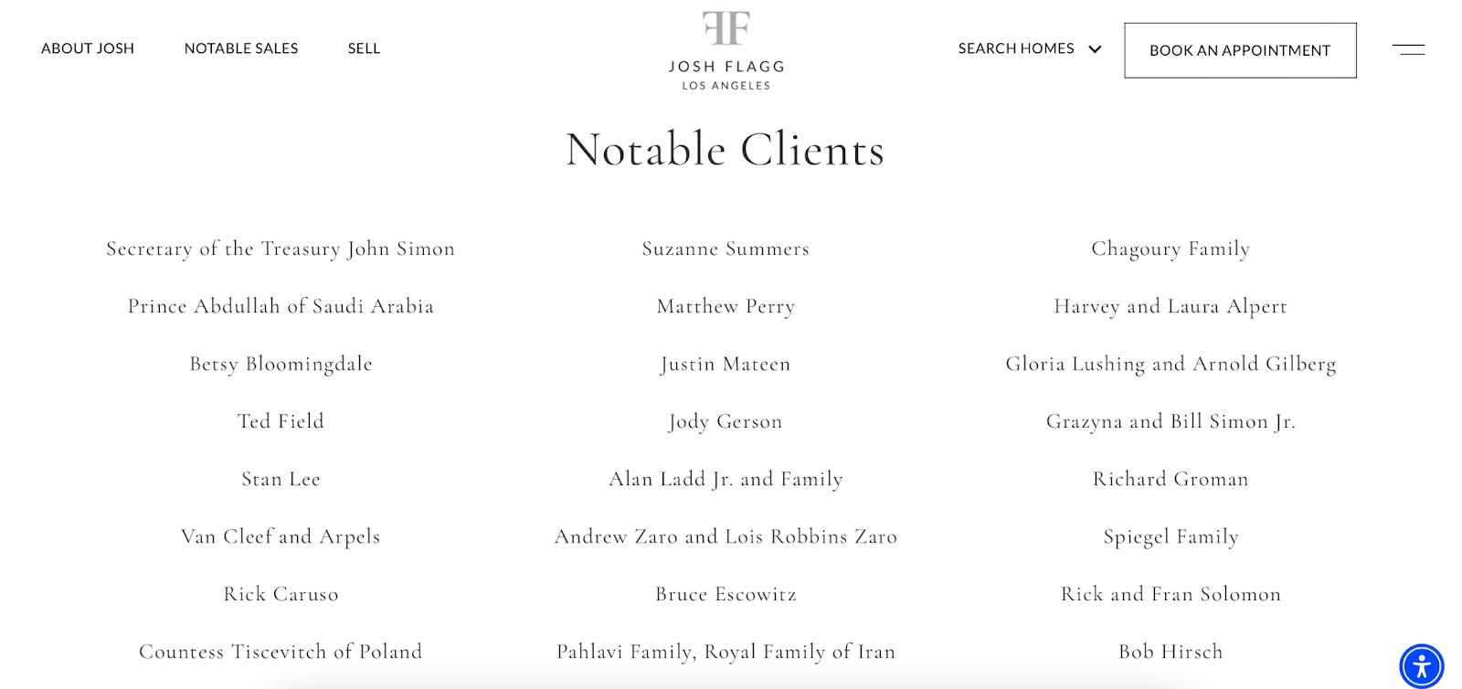 Screenshot of Josh Flagg's notable clients page on his real estate website