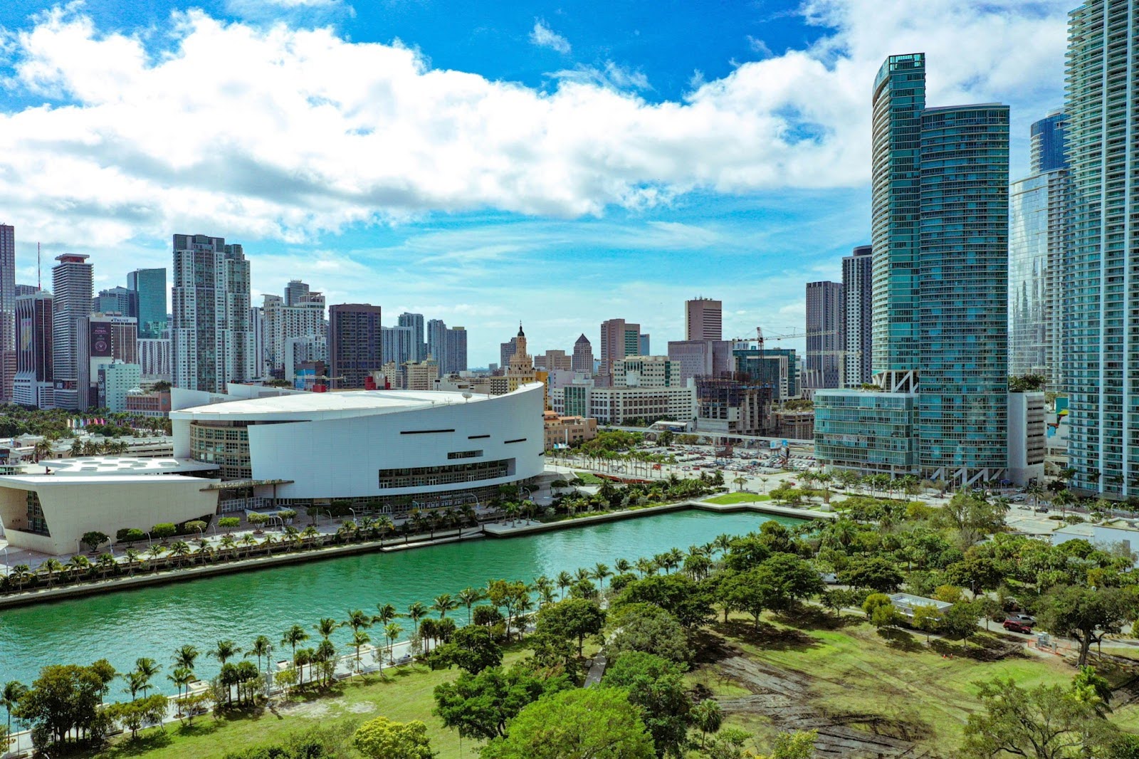 Skyline view of a city's waterfront shot via real estate drone photography
