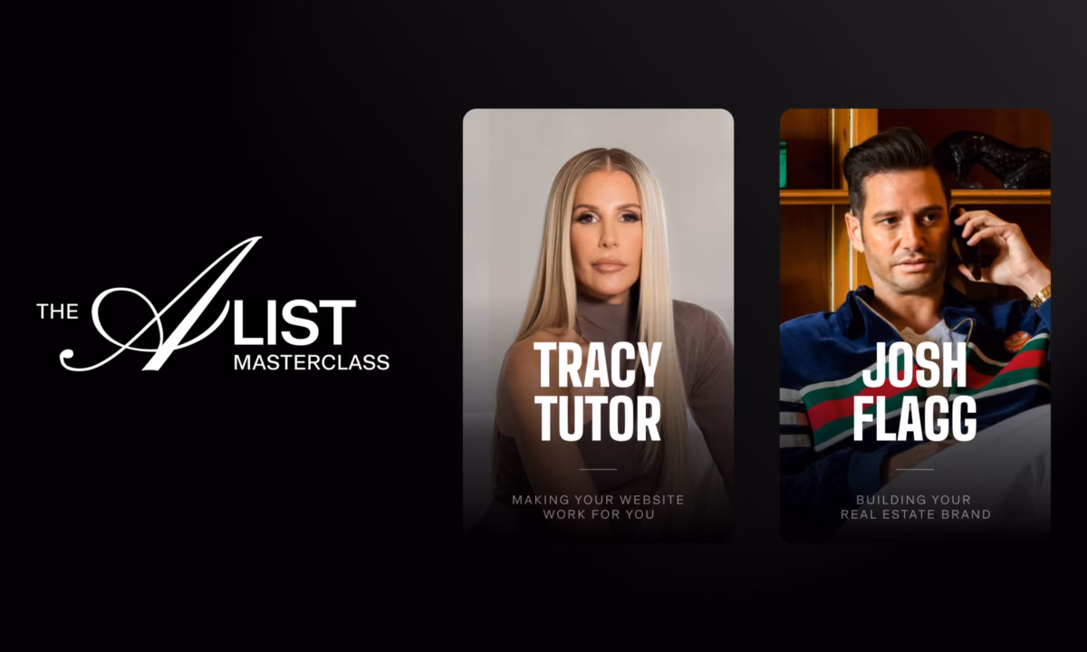 Black screen with The A-List Masterclass logo on the left, a headshot of real estate team leader Tracy Tutor in the middle and broker Josh Flagg's headshot on the right