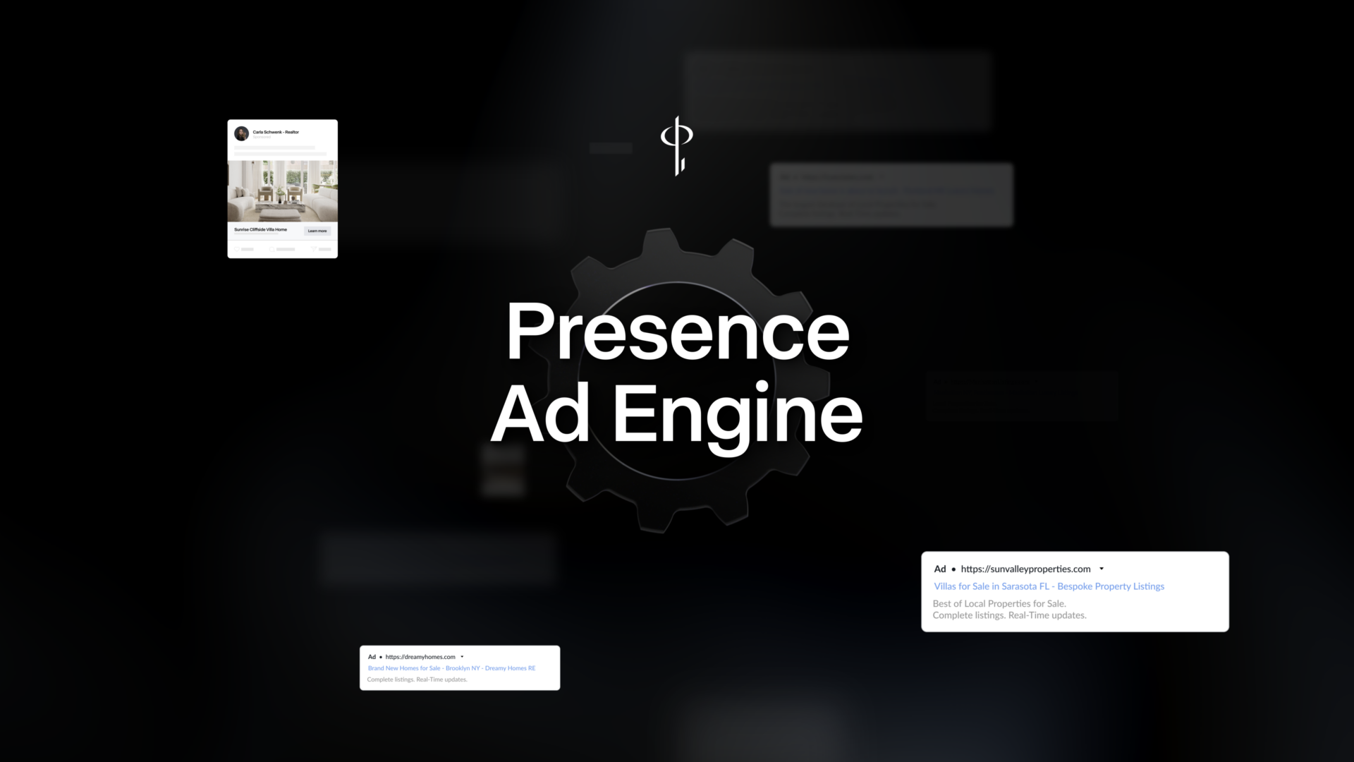 The words Presence Ad Engine sit in front of a gear icon, surrounded on all sides with examples of online real estate advertisements