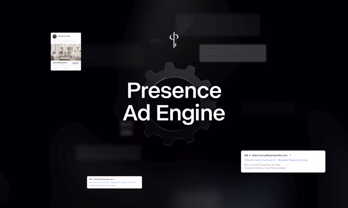 The words Presence Ad Engine sit in front of a gear icon, surrounded on all sides with examples of online real estate advertisements