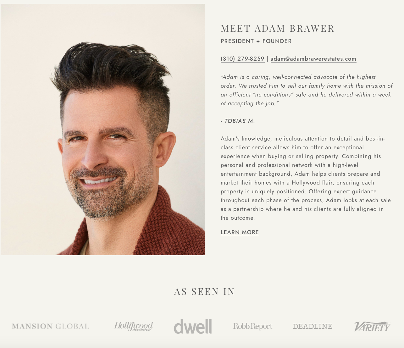 Screenshot of one of our Real estate bio examples, Adam Brawer