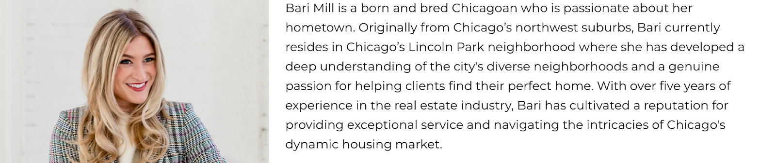 Screenshot of one of our Real estate bio examples Bari Mill