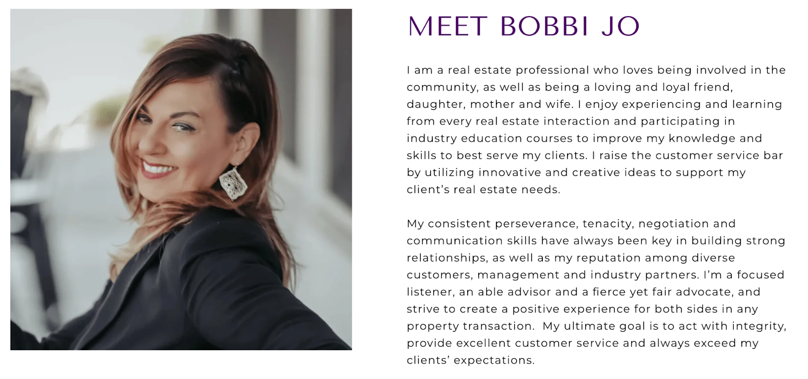 Screenshot of one of our Real estate bio examples Bobbi Jo Barnes