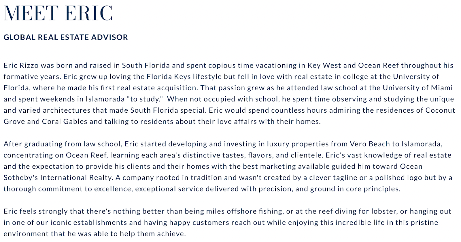 Screenshot of one of our Real estate bio examples Eric Rizzo