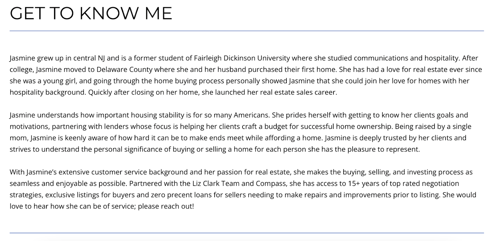Screenshot of one of our Real estate bio examples Jasmine Meier