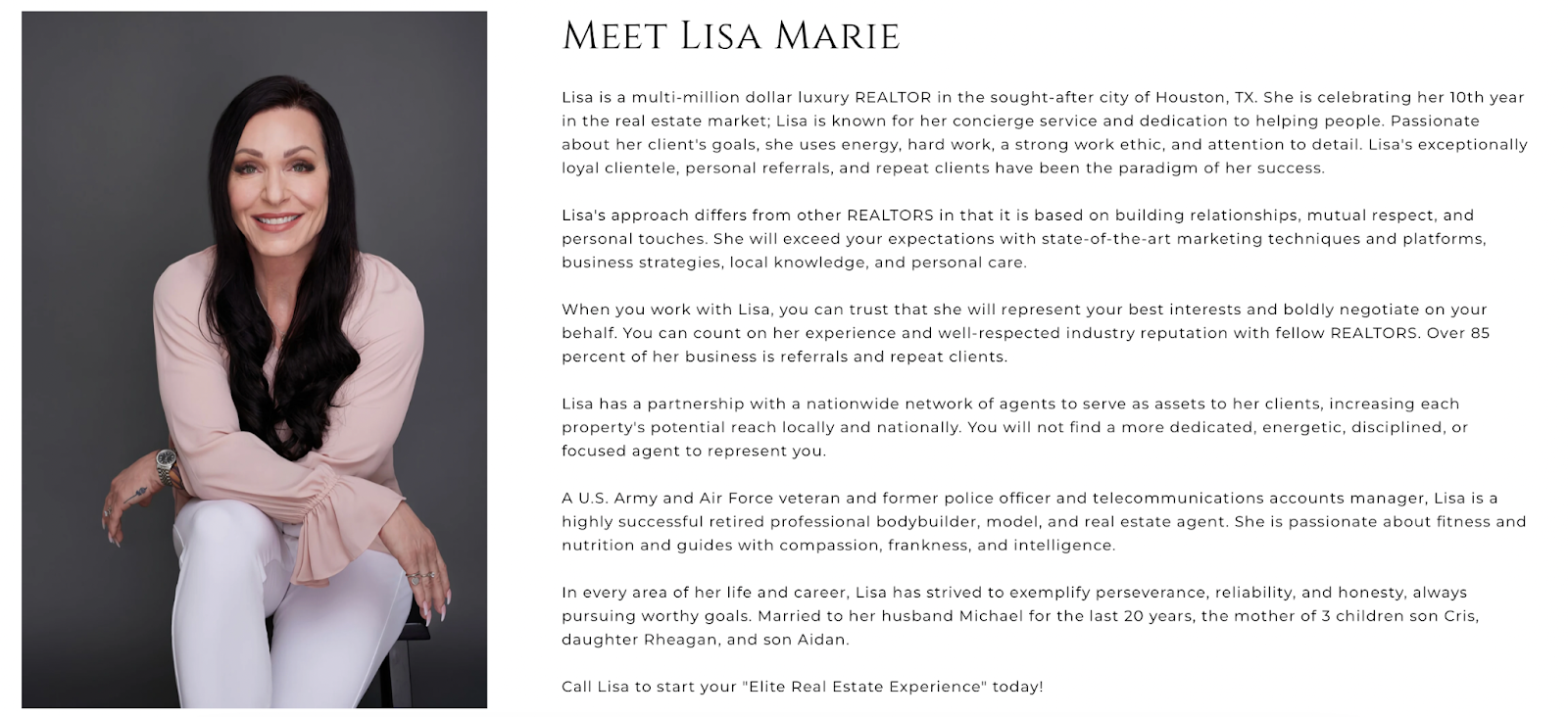 Screenshot of one of our Real estate bio examples Lisa Marie Sanders