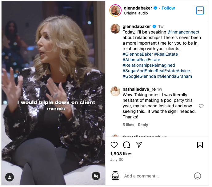 Screenshot of Glennda Baker talking about client events on Instagram