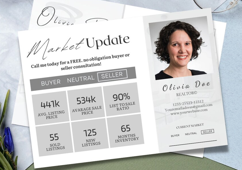 One example market report for real estate postcards from Etsy on a blue and green background