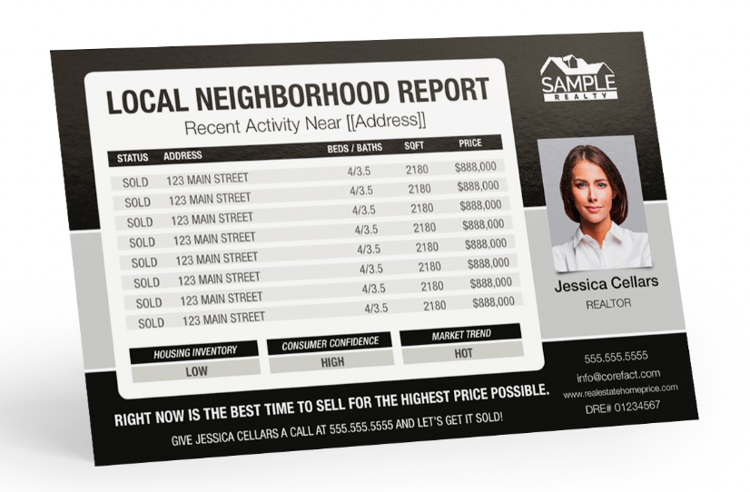 One example market report for real estate postcard on a white background